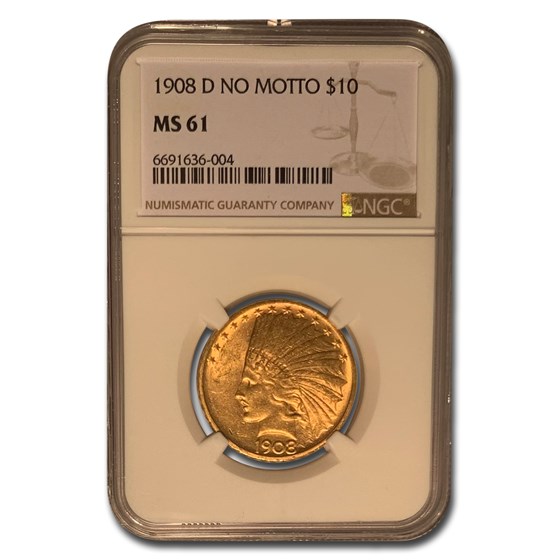1908-D $10 Indian Gold Eagle No Motto MS-61 NGC 1908-D $10 Indian Gold Eagle No Motto MS-61 NGC